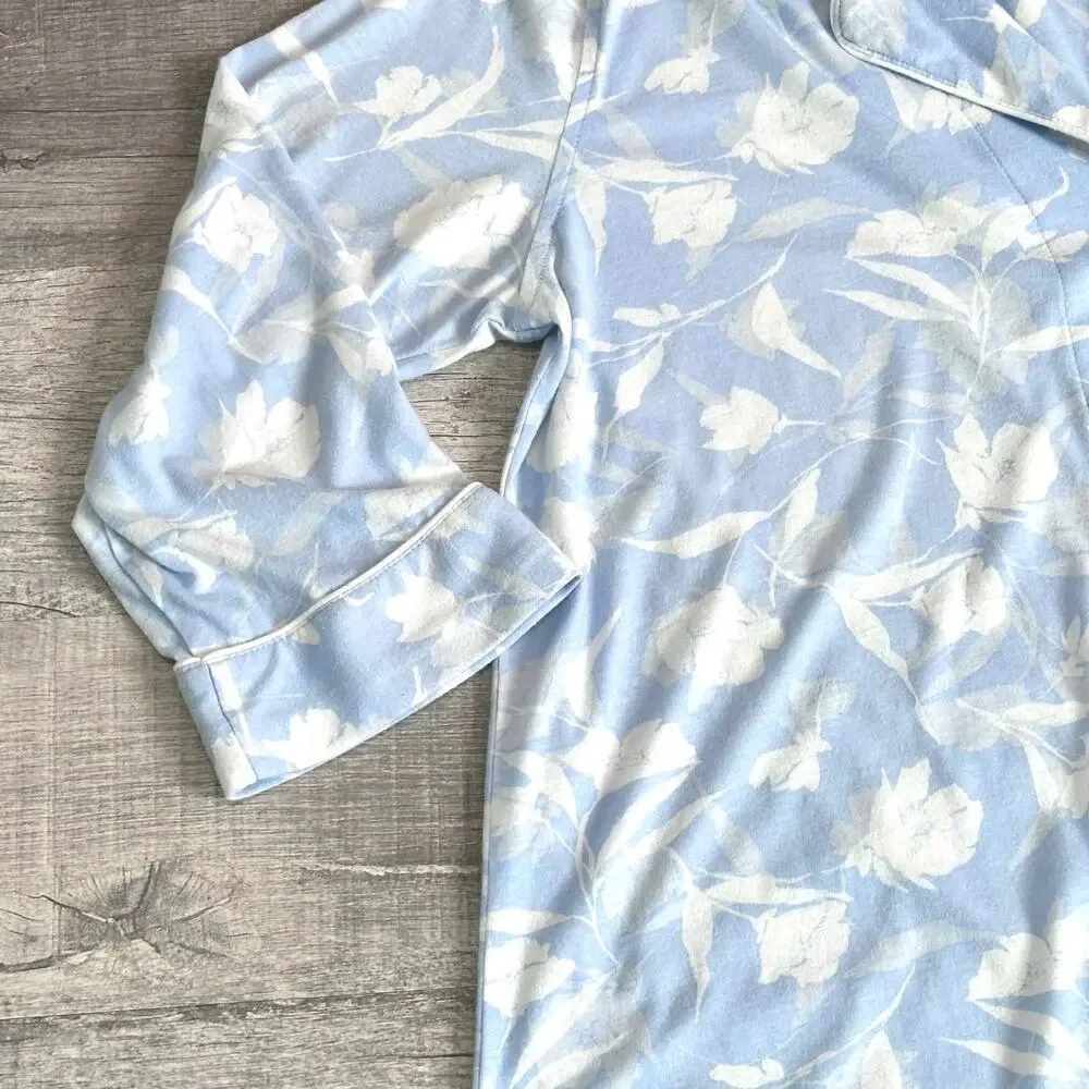 Lauren Ralph Lauren Floral Long Sleeve Sleep Shirt M Blue White Monogram Pocket - Picture 5 of 8